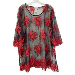 Catherines Sheer Mesh Embroidered Sequins Top Sz 1X Red Black Witchy Renaissance